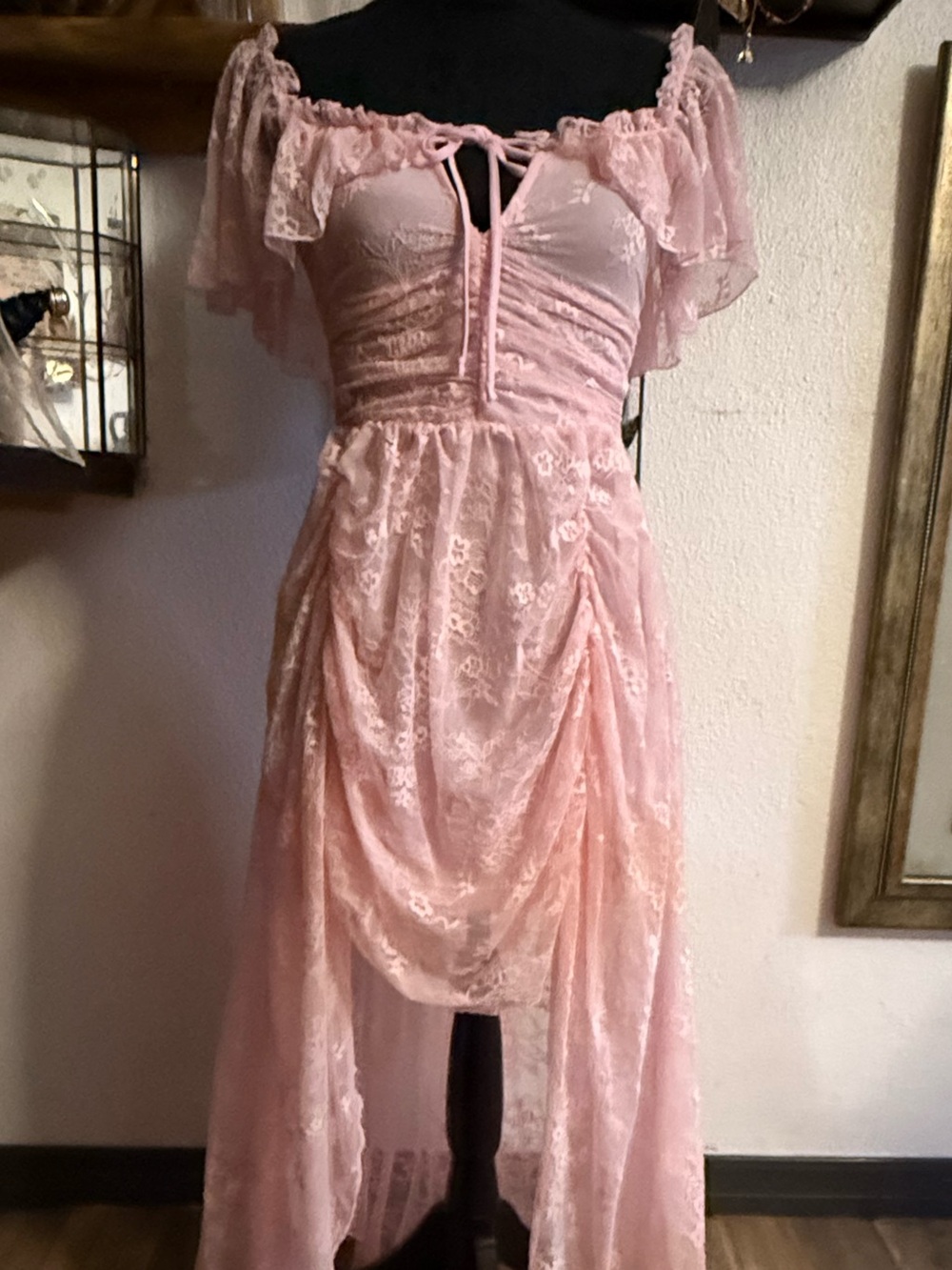 Sugar Thrillz Ruled By Love Pink Floral Lace Draped Maxi Dress •Size S•